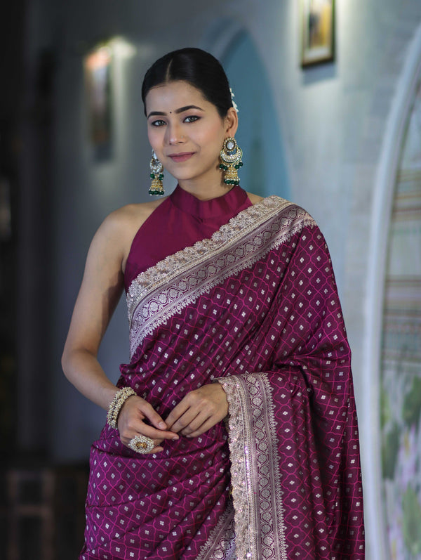 Banarasee Handloom Mashru Silk Saree With Zari Buti Design & Lace Border-Magenta