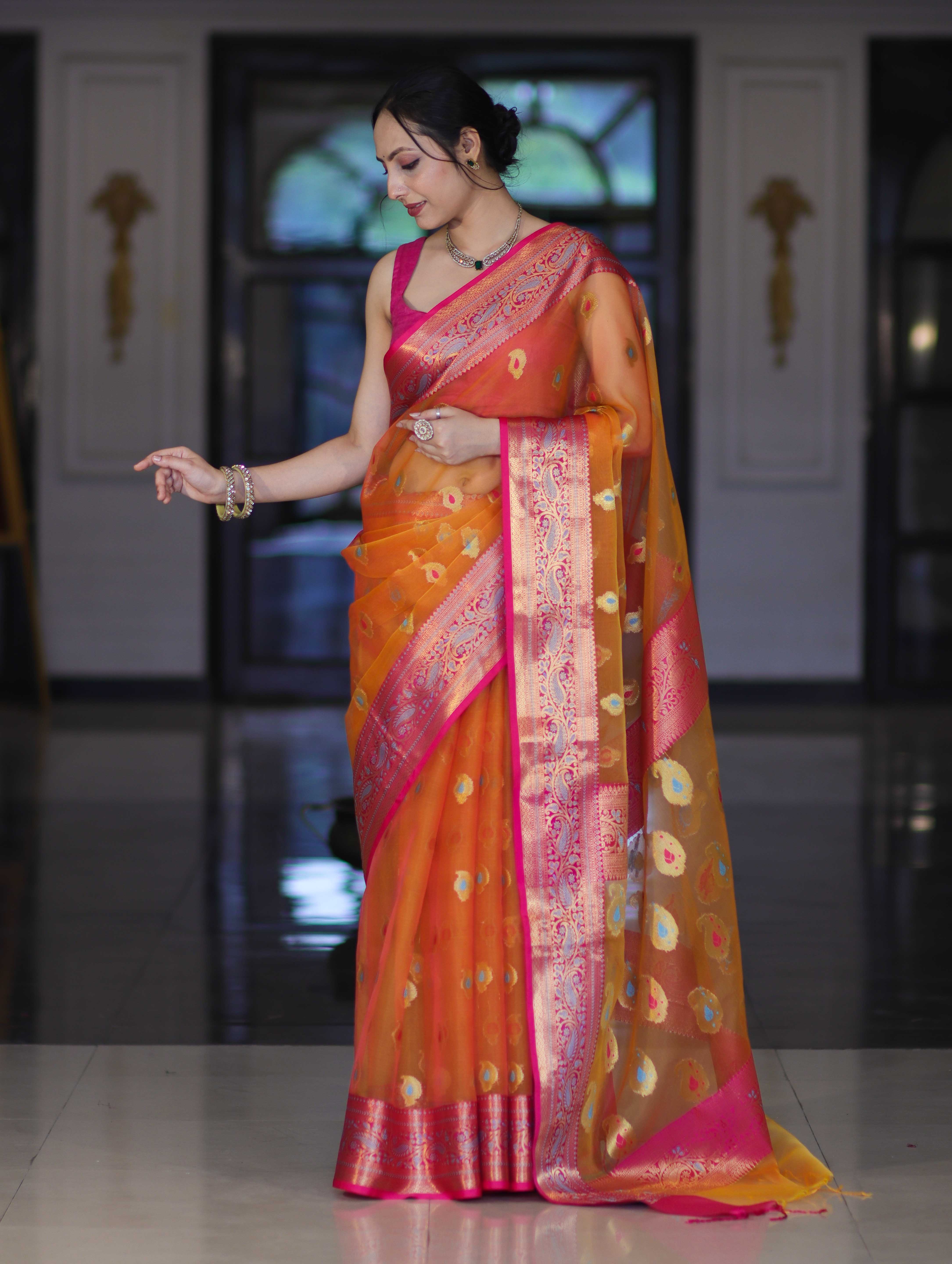 Banarasee Handwoven Organza Mix Saree With Resham Zari Work & Contrast Border-Orange
