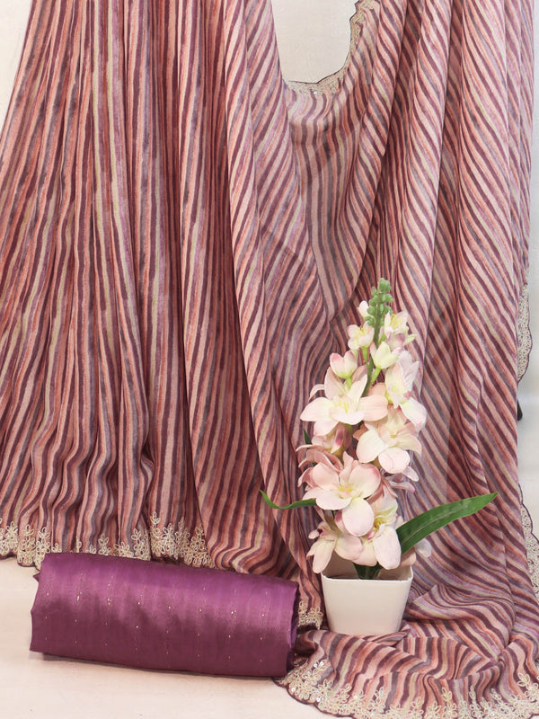 Banarasee Digital Printed Chiffon Saree With Handwork & Scallop Border-Pink