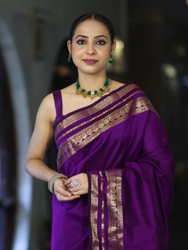 Banarasee Handloom Semi Silk Plain Saree With Zari Work Border-Violet