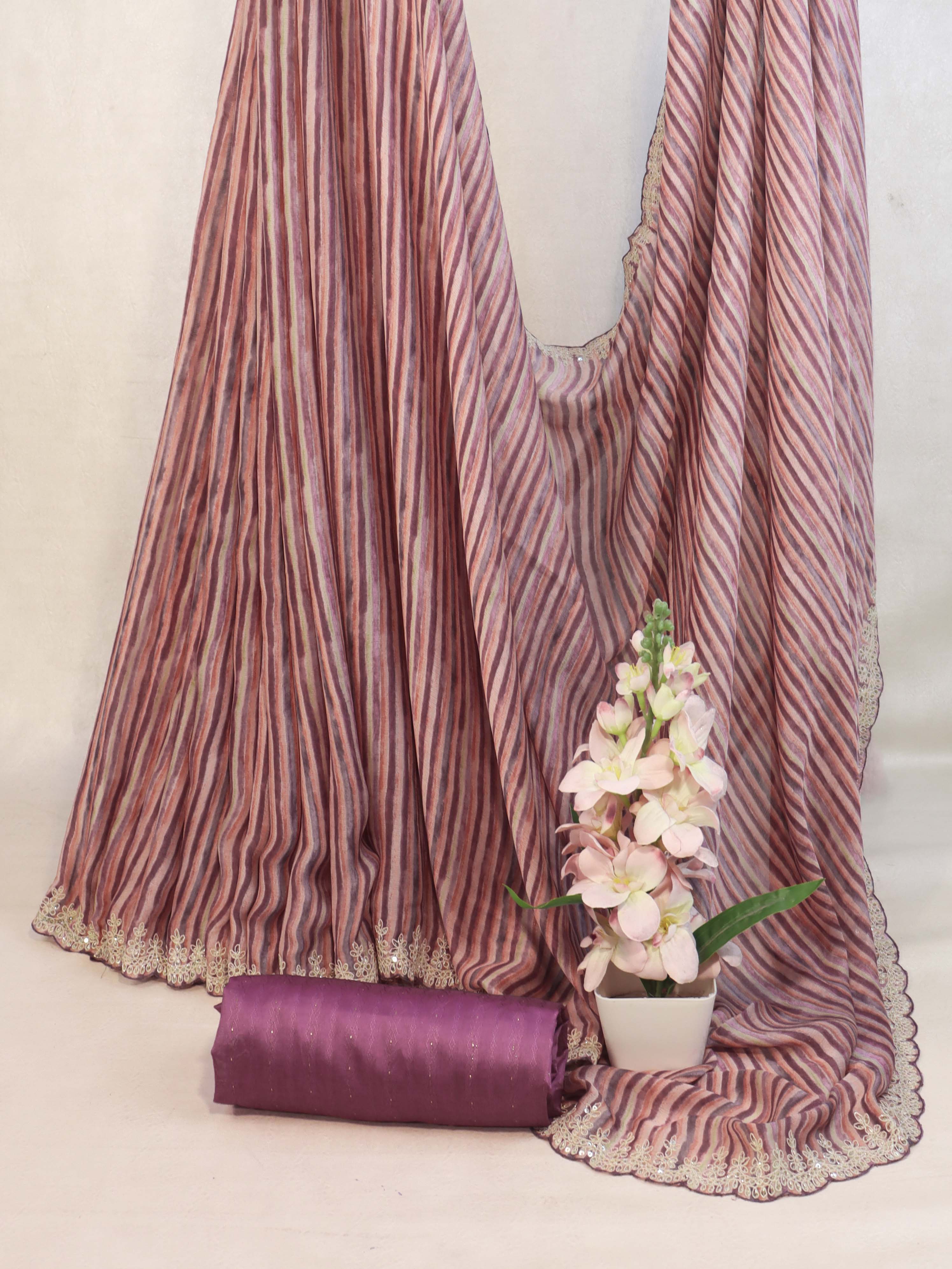 Banarasee Digital Printed Chiffon Saree With Handwork & Scallop Border-Pink