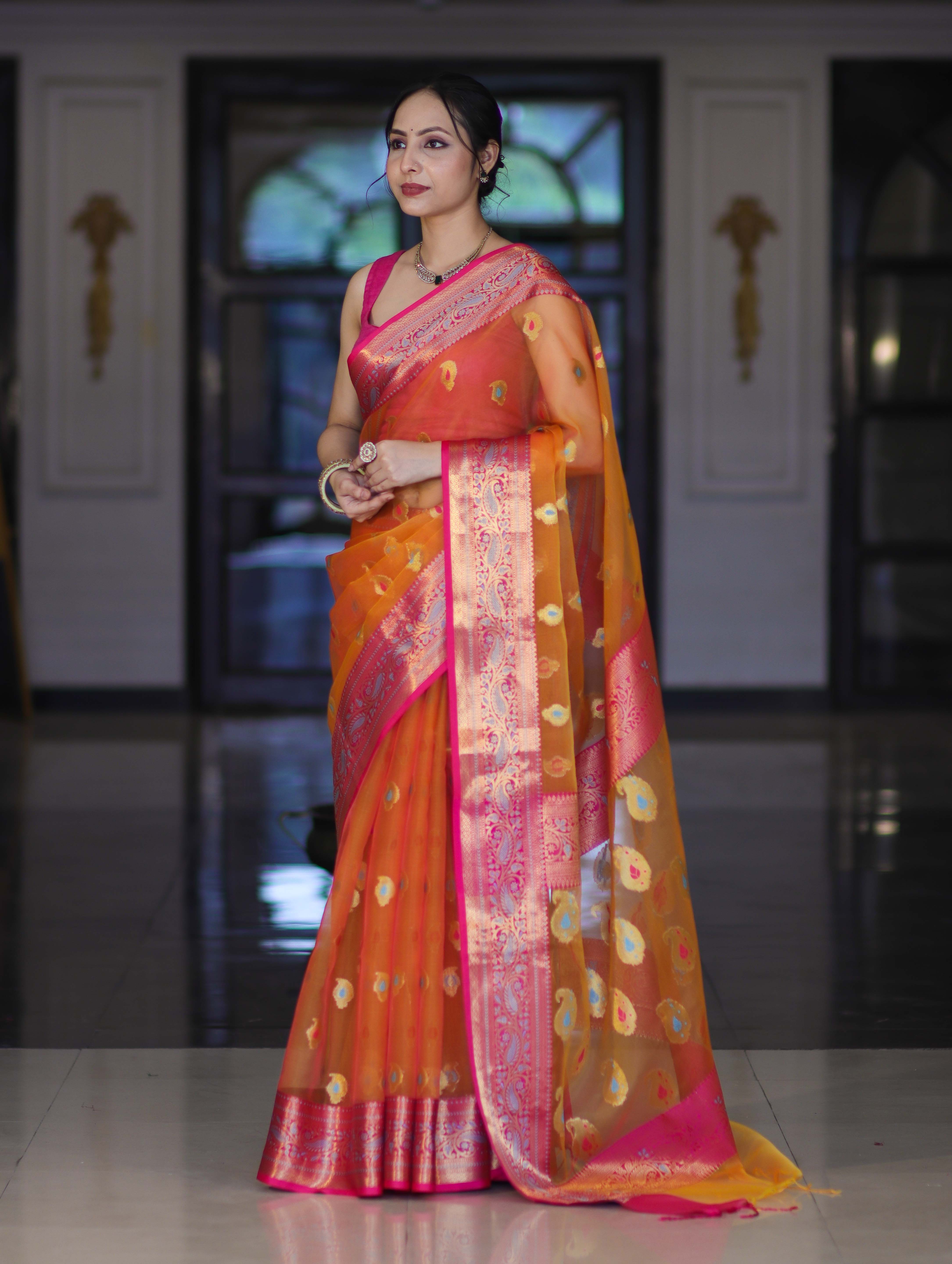 Banarasee Handwoven Organza Mix Saree With Resham Zari Work & Contrast Border-Orange