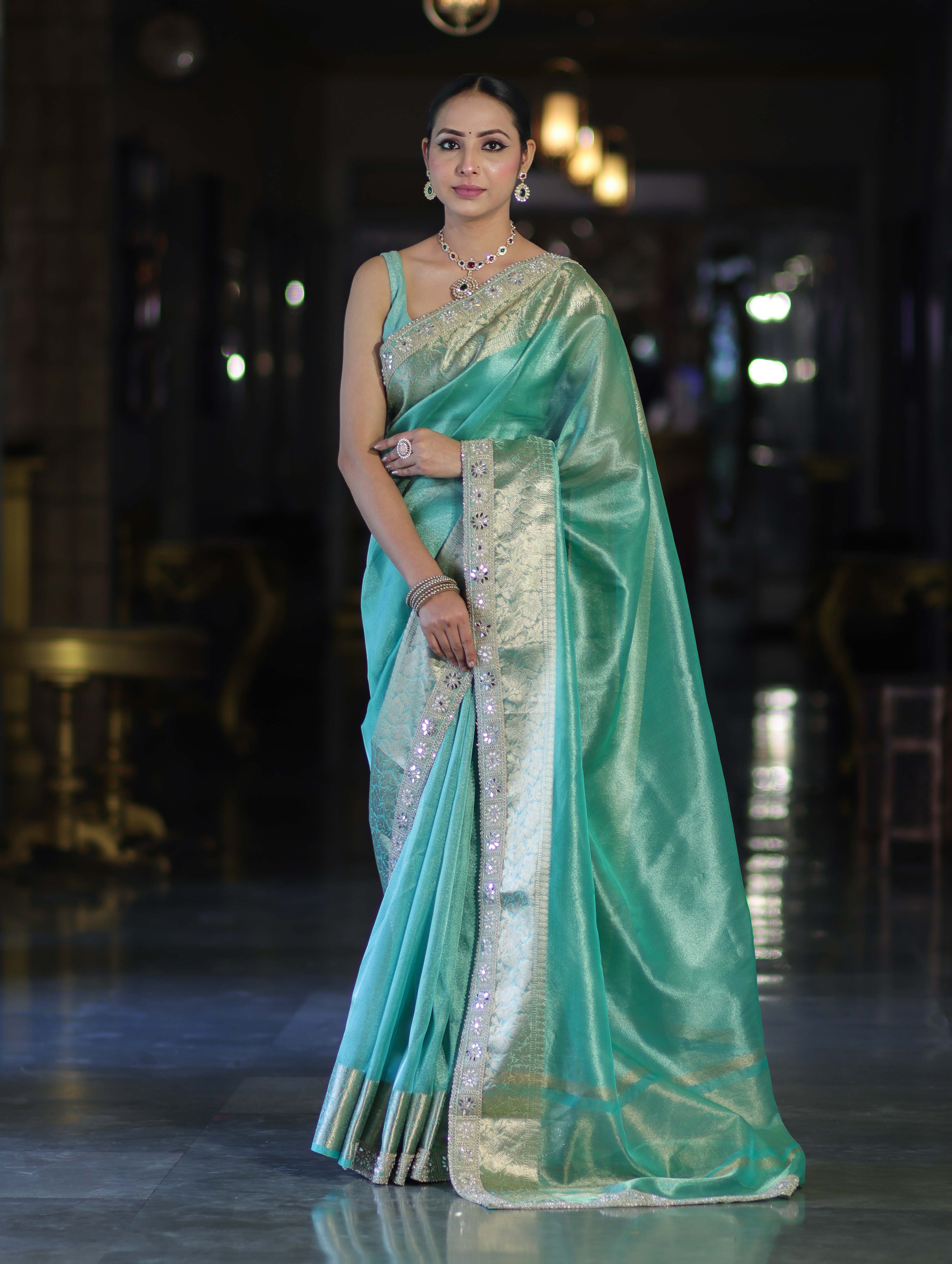 Banarasee Handloom Dual Shade Tissue Saree With Zari Border & Lace-Pastel Green
