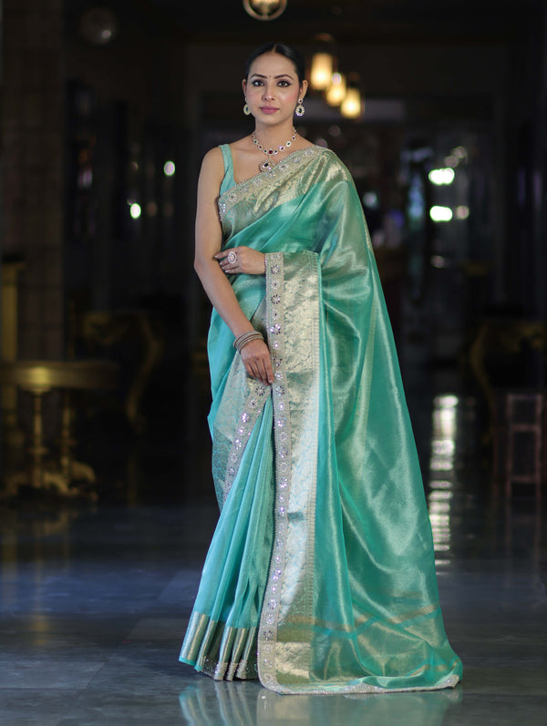 Banarasee Handloom Dual Shade Tissue Saree With Zari Border & Lace-Pastel Green