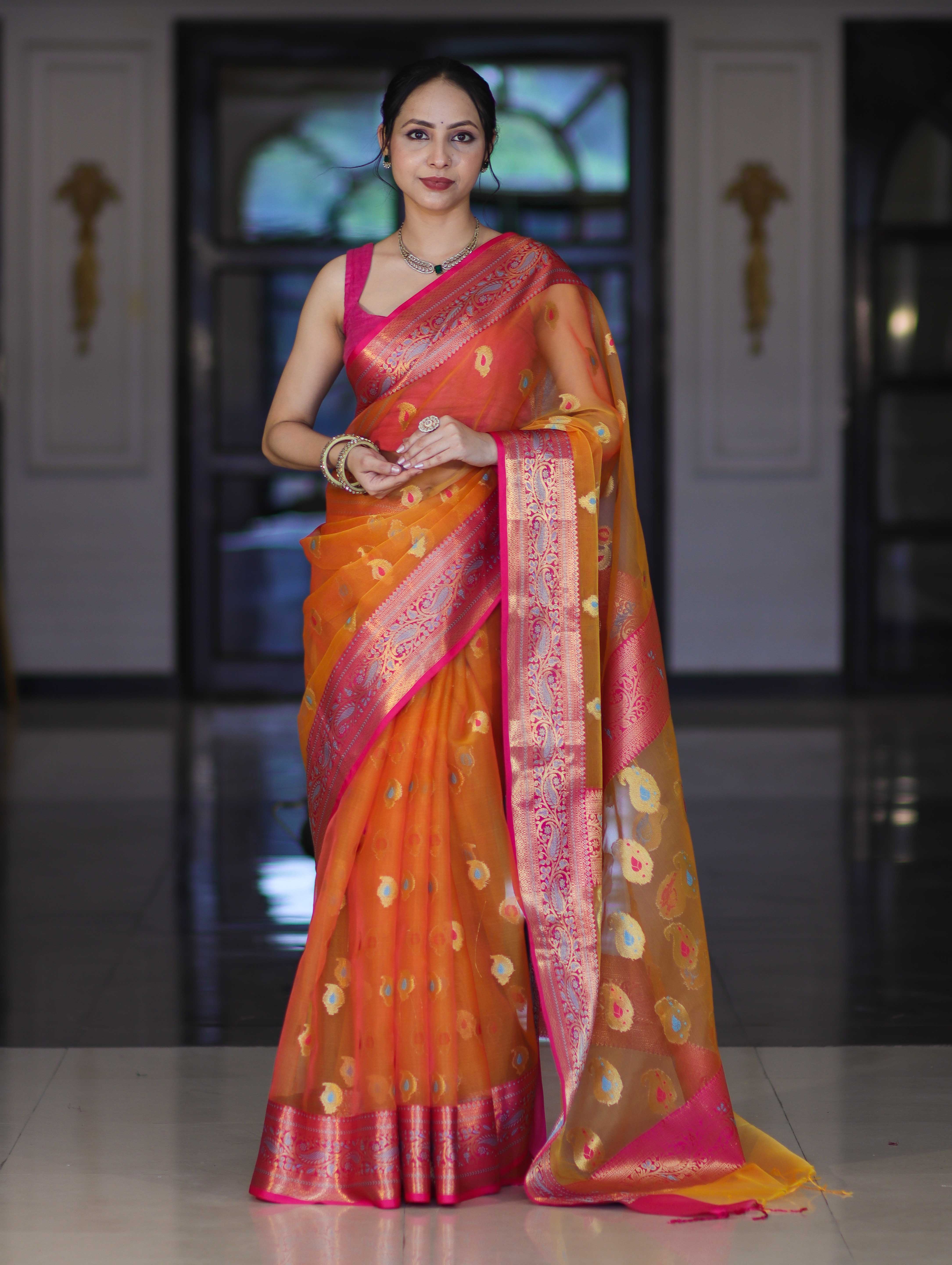 Banarasee Handwoven Organza Mix Saree With Resham Zari Work & Contrast Border-Orange