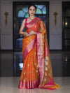 Banarasee Handwoven Organza Mix Saree With Resham Zari Work & Contrast Border-Orange