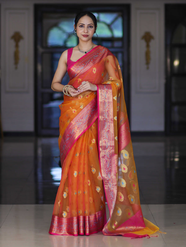 Banarasee Handwoven Organza Mix Saree With Resham Zari Work & Contrast Border-Orange
