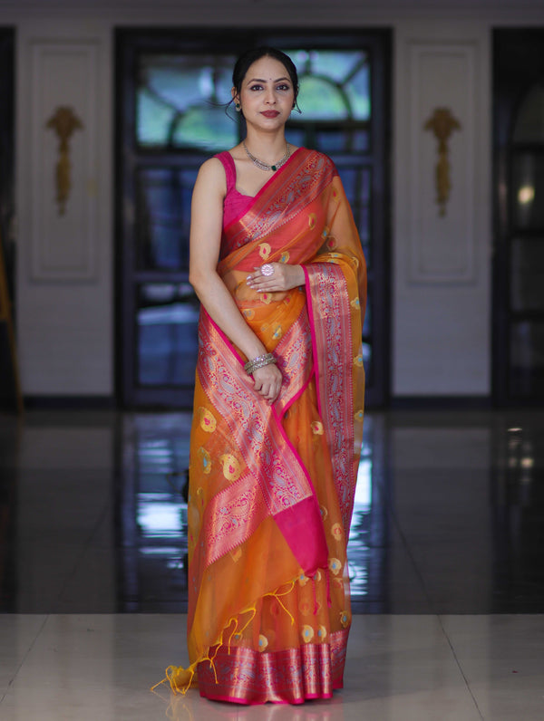 Banarasee Handwoven Organza Mix Saree With Resham Zari Work & Contrast Border-Orange