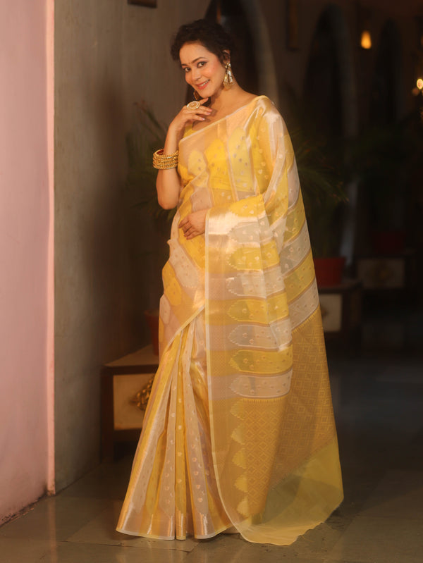 Banarasee Organza Saree With Zari Buti & Rangkat Design-Yellow & White