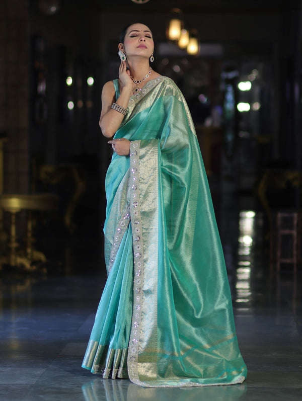 Banarasee Handloom Dual Shade Tissue Saree With Zari Border & Lace-Pastel Green