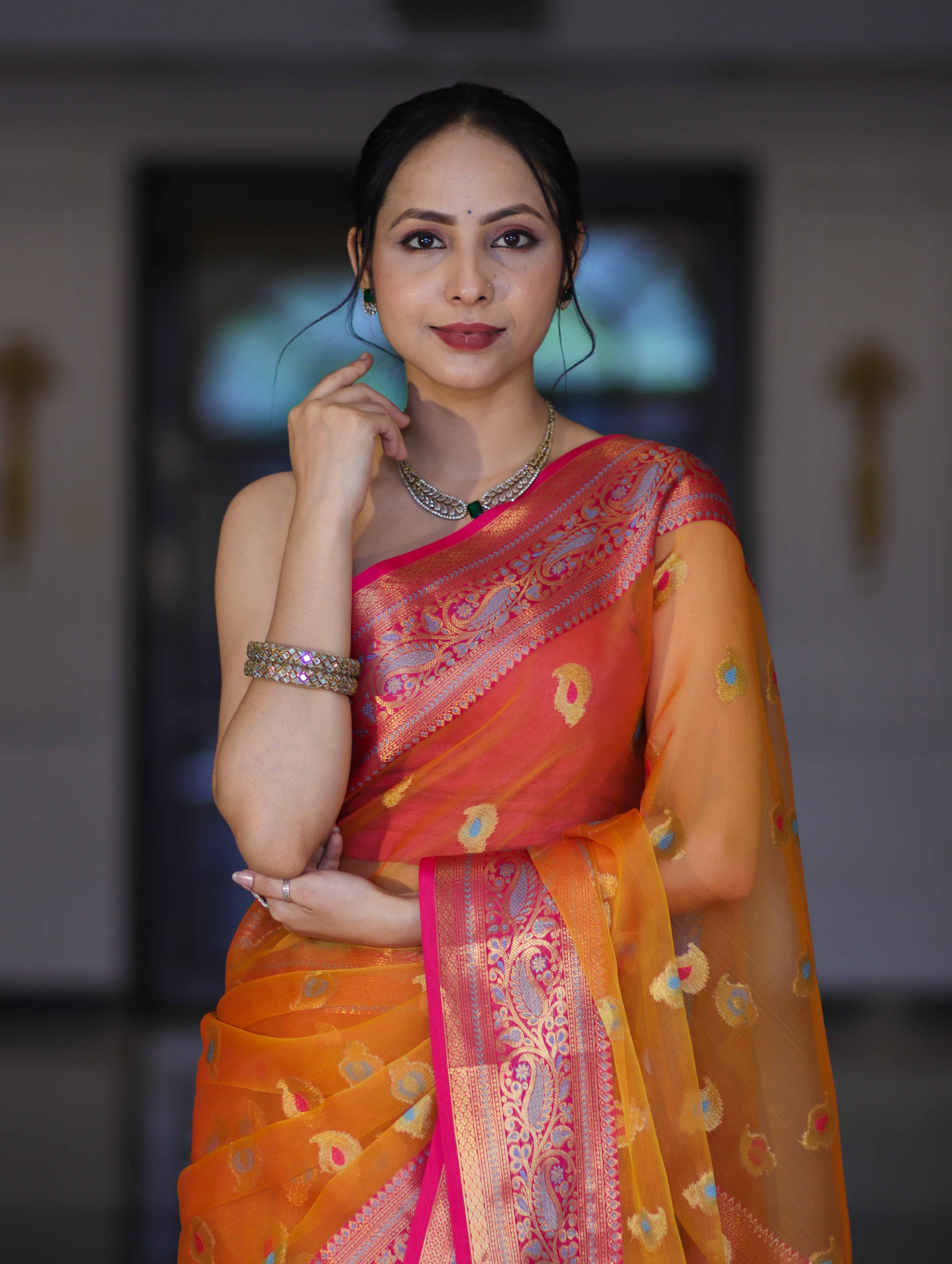 Banarasee Handwoven Organza Mix Saree With Resham Zari Work & Contrast Border-Orange