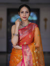Banarasee Handwoven Organza Mix Saree With Resham Zari Work & Contrast Border-Orange