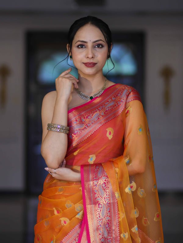 Banarasee Handwoven Organza Mix Saree With Resham Zari Work & Contrast Border-Orange