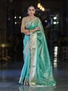 Banarasee Handloom Dual Shade Tissue Saree With Zari Border & Lace-Pastel Green