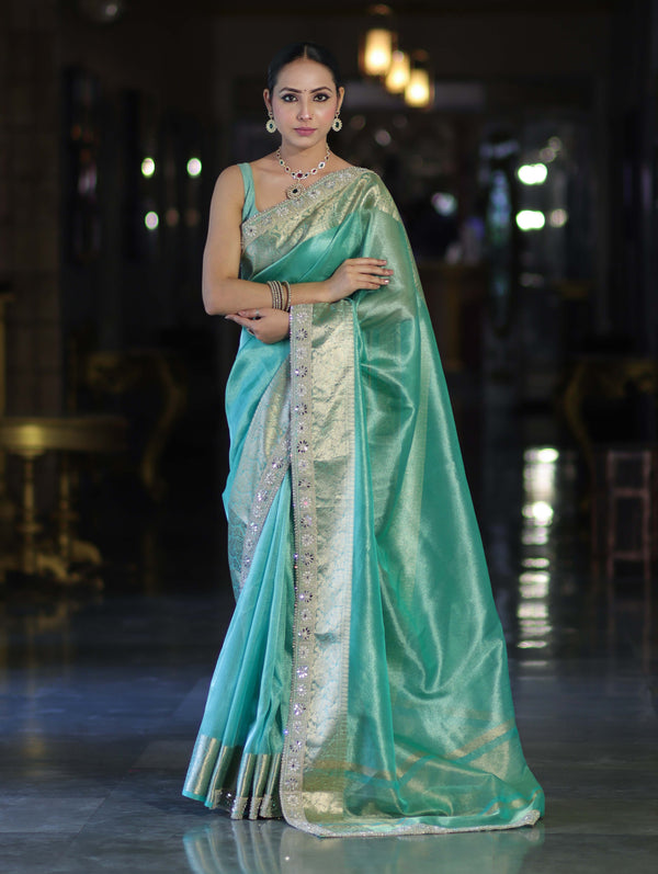 Banarasee Handloom Dual Shade Tissue Saree With Zari Border & Lace-Pastel Green