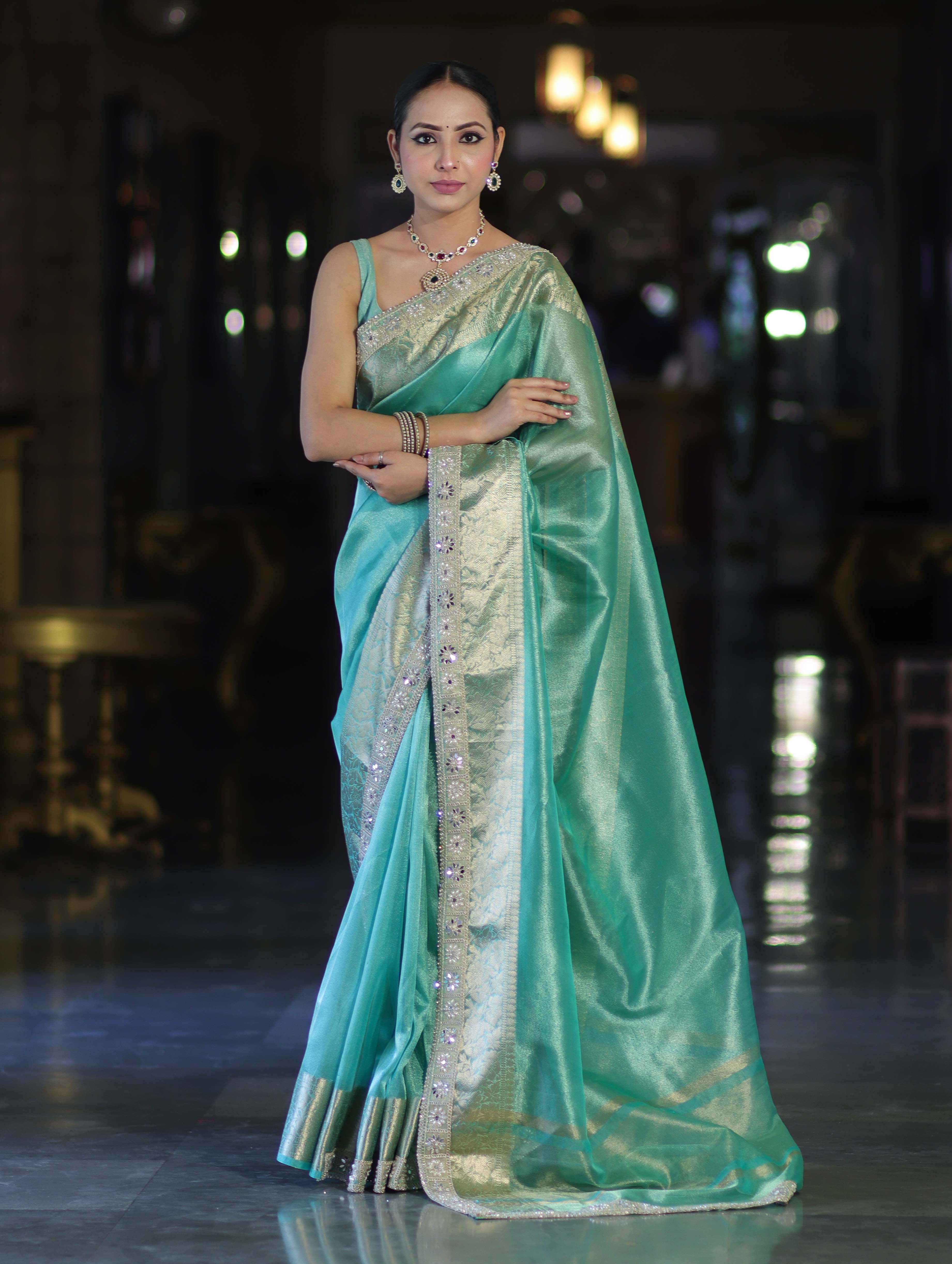 Banarasee Handloom Dual Shade Tissue Saree With Zari Border & Lace-Pastel Green