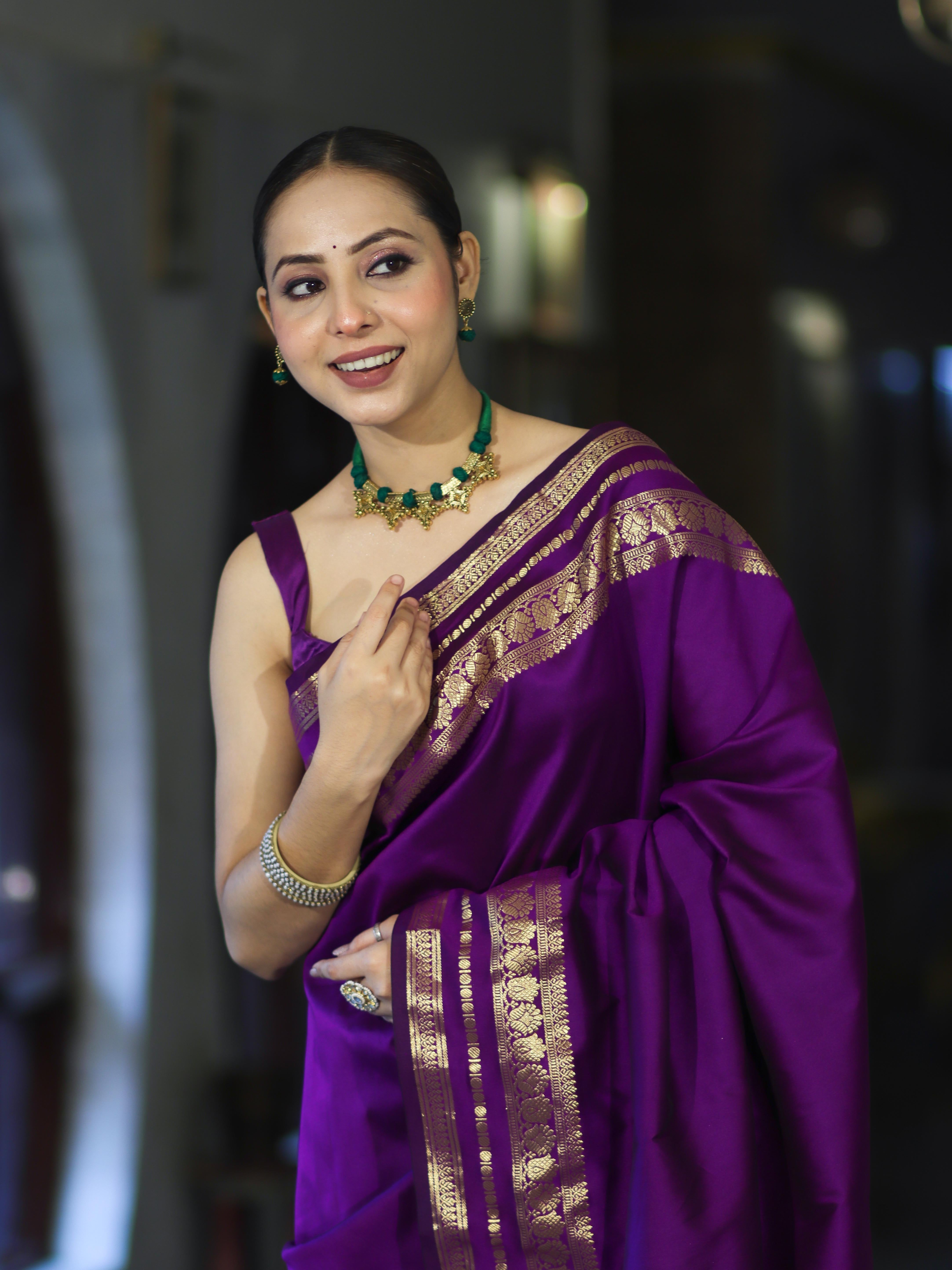 Banarasee Handloom Semi Silk Plain Saree With Zari Work Border-Violet