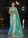 Banarasee Handloom Dual Shade Tissue Saree With Zari Border & Lace-Pastel Green
