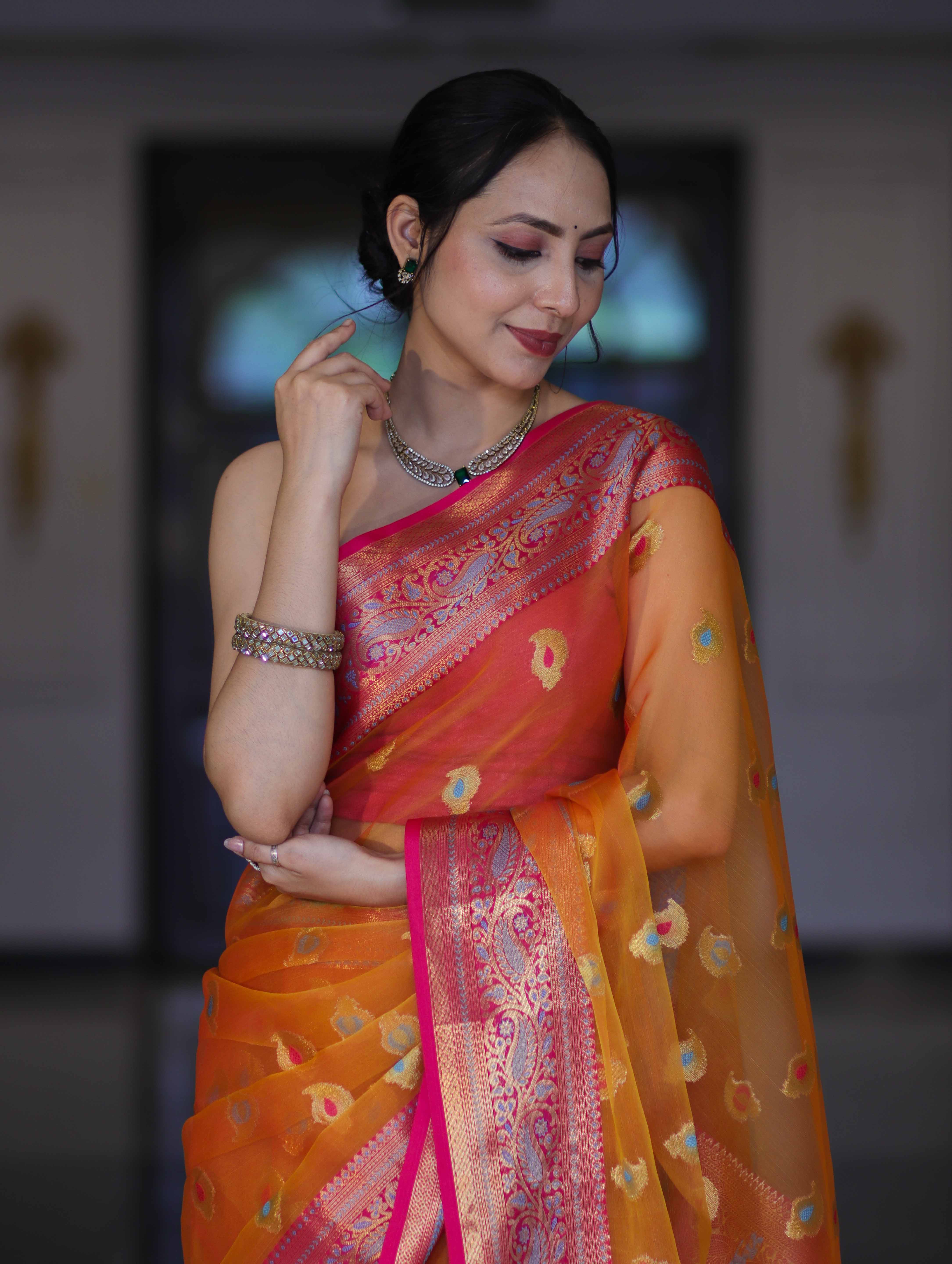 Banarasee Handwoven Organza Mix Saree With Resham Zari Work & Contrast Border-Orange