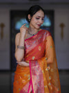 Banarasee Handwoven Organza Mix Saree With Resham Zari Work & Contrast Border-Orange
