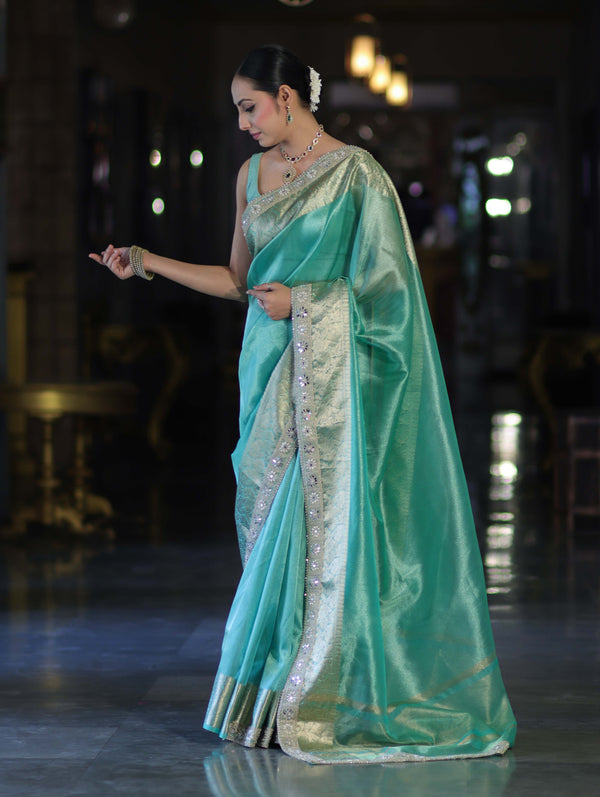 Banarasee Handloom Dual Shade Tissue Saree With Zari Border & Lace-Pastel Green