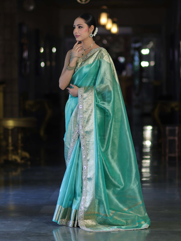 Banarasee Handloom Dual Shade Tissue Saree With Zari Border & Lace-Pastel Green