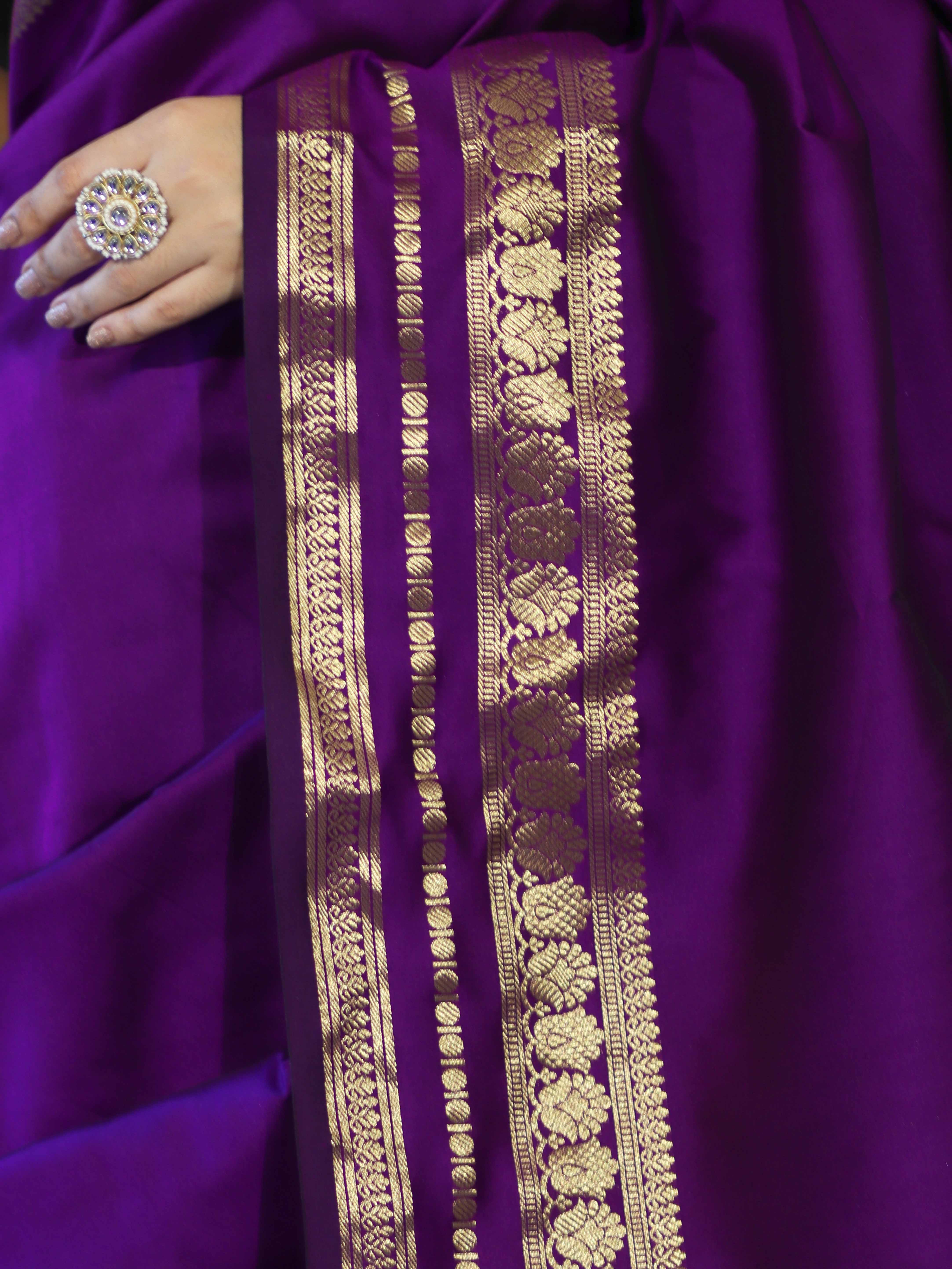Banarasee Handloom Semi Silk Plain Saree With Zari Work Border-Violet