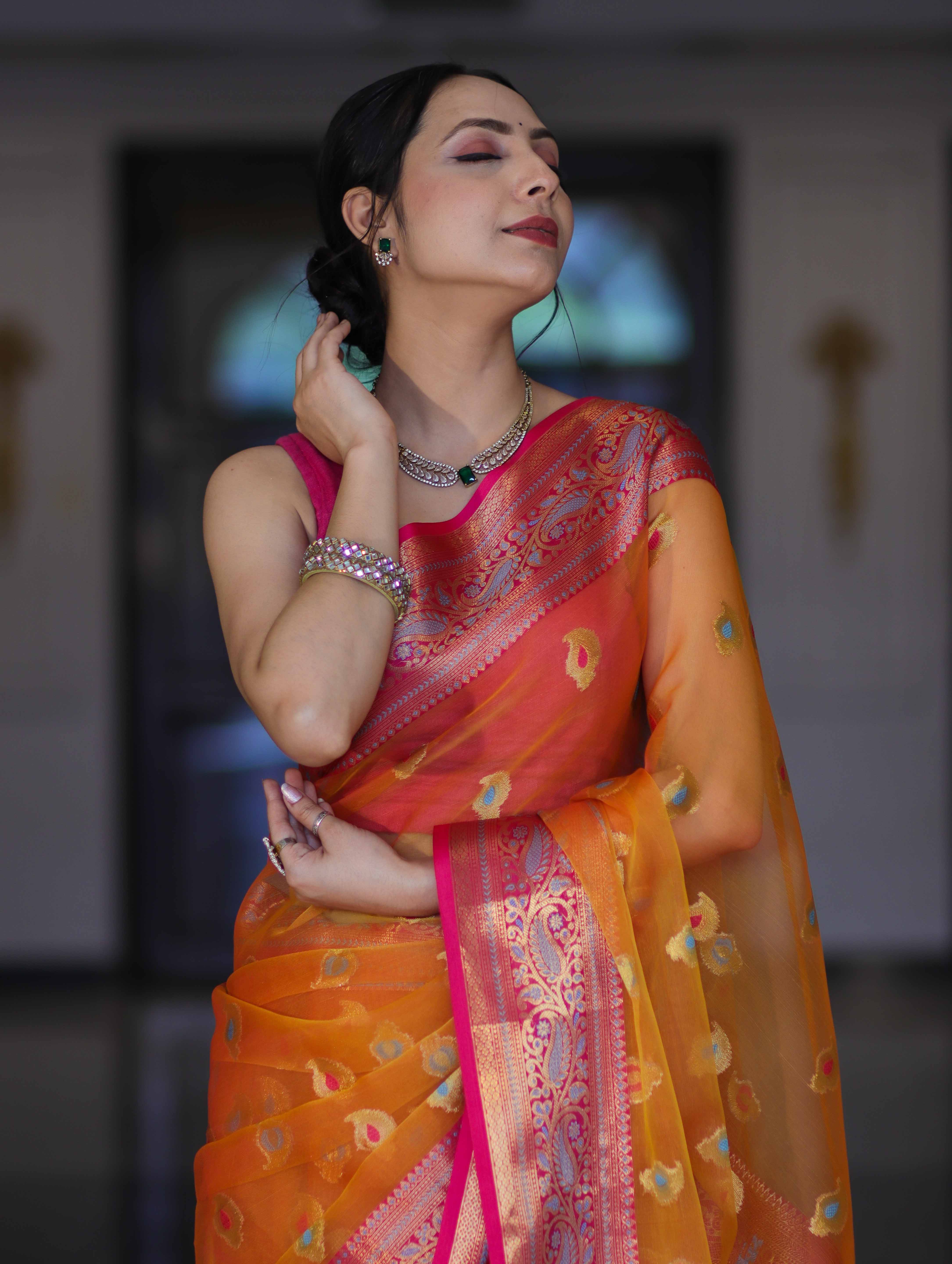 Banarasee Handwoven Organza Mix Saree With Resham Zari Work & Contrast Border-Orange
