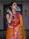 Banarasee Handwoven Organza Mix Saree With Resham Zari Work & Contrast Border-Orange