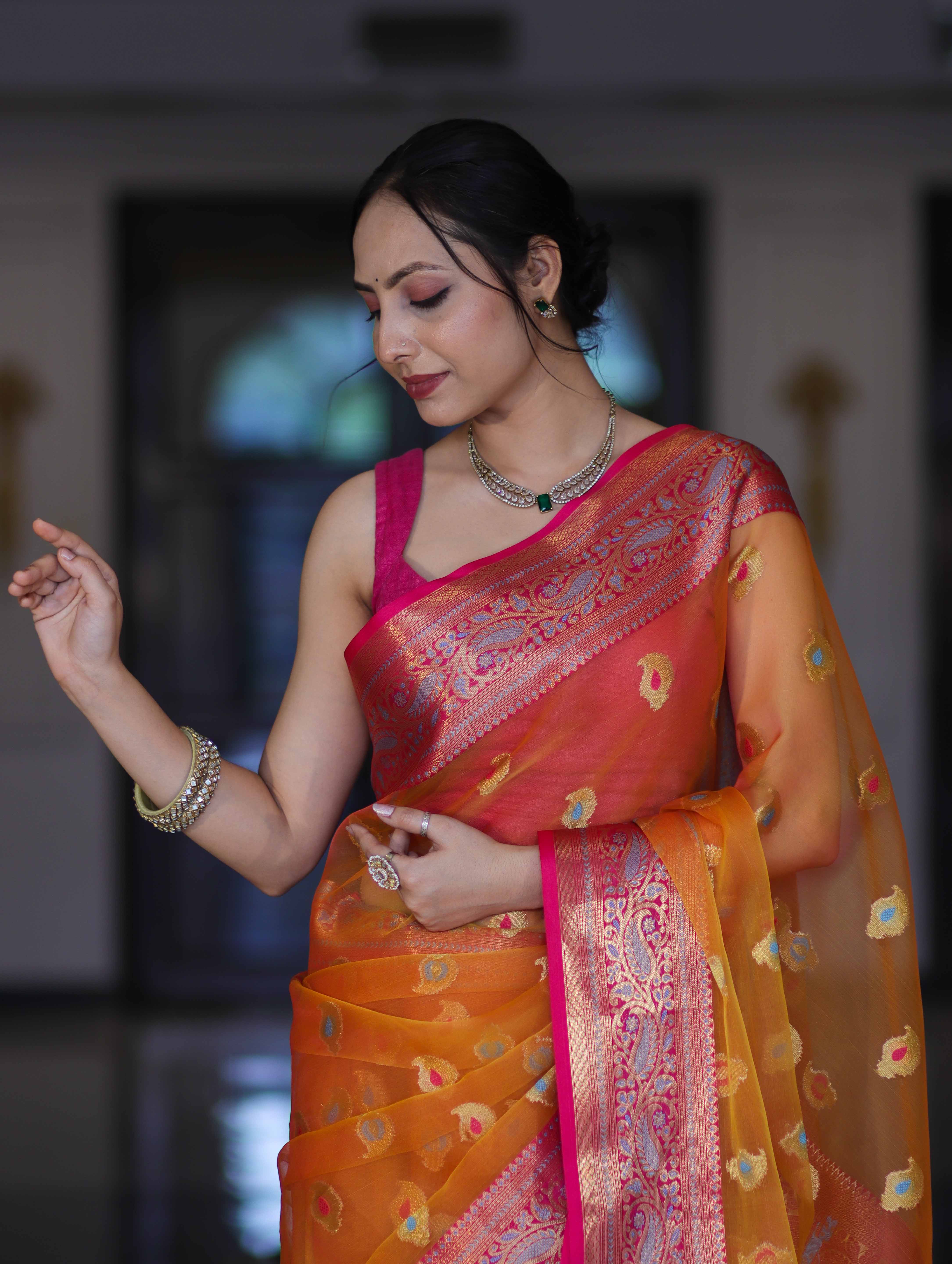 Banarasee Handwoven Organza Mix Saree With Resham Zari Work & Contrast Border-Orange