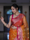 Banarasee Handwoven Organza Mix Saree With Resham Zari Work & Contrast Border-Orange