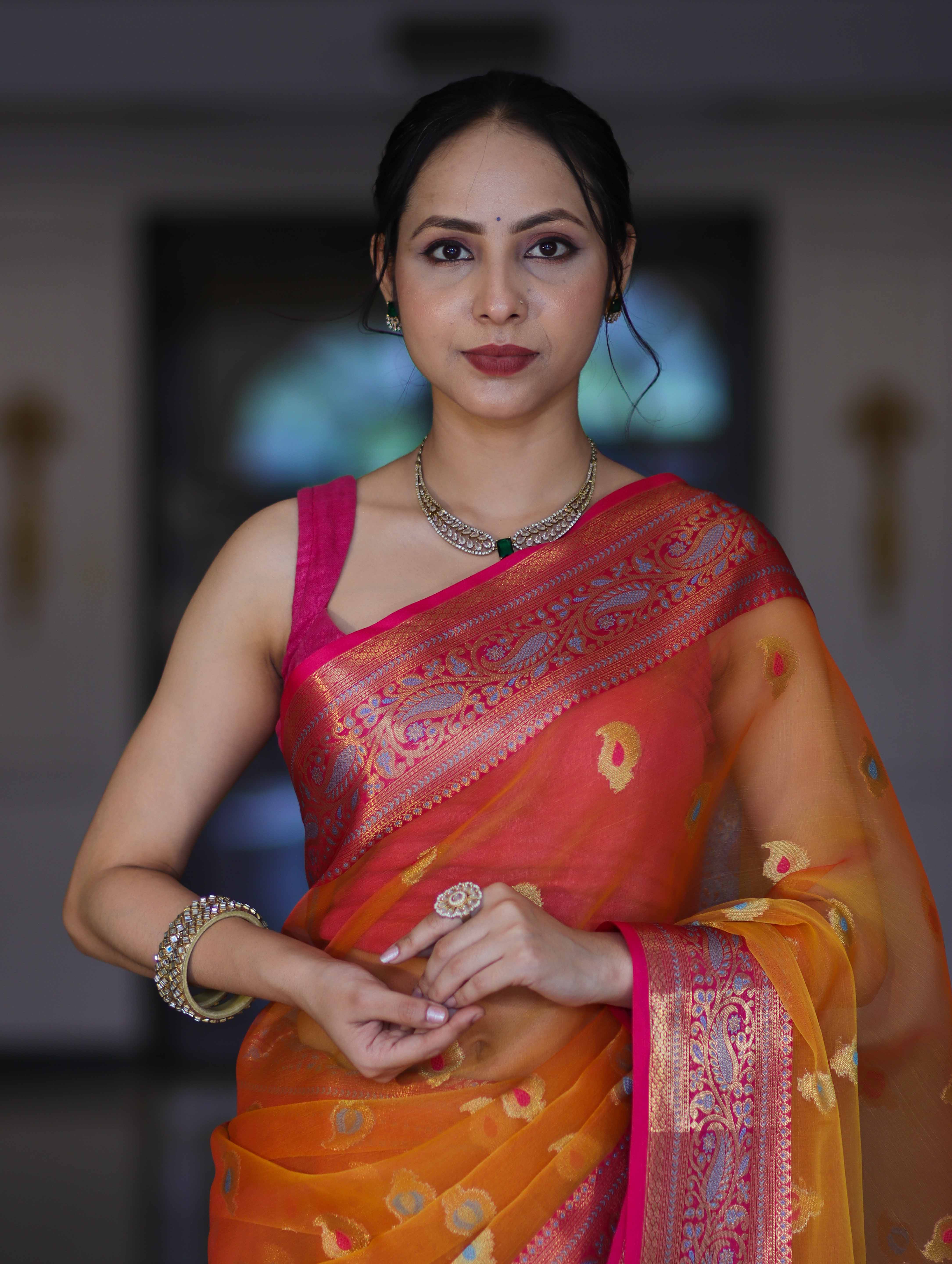 Banarasee Handwoven Organza Mix Saree With Resham Zari Work & Contrast Border-Orange