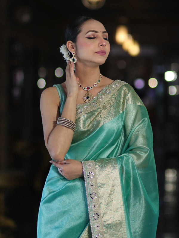Banarasee Handloom Dual Shade Tissue Saree With Zari Border & Lace-Pastel Green