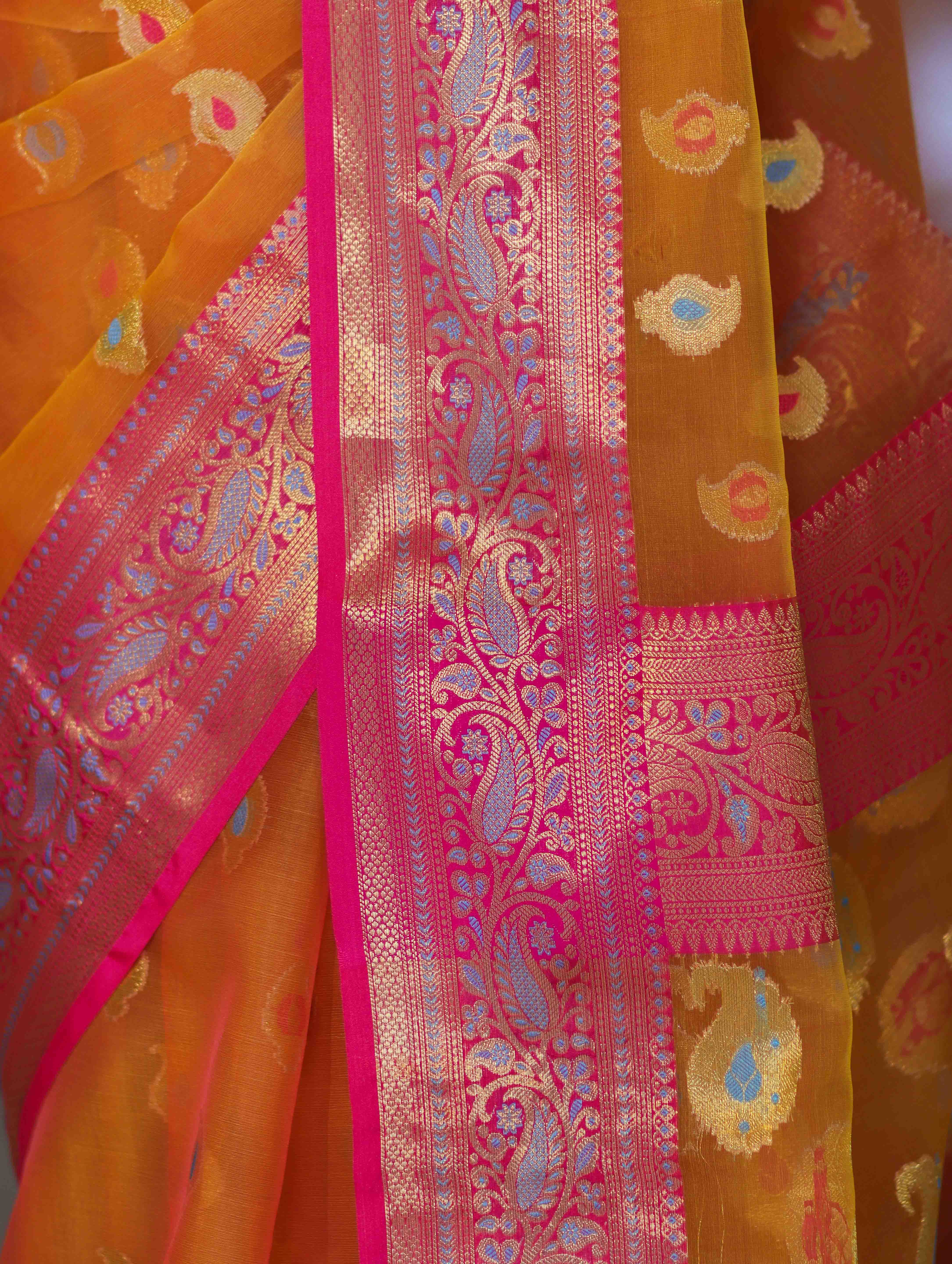 Banarasee Handwoven Organza Mix Saree With Resham Zari Work & Contrast Border-Orange
