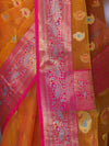 Banarasee Handwoven Organza Mix Saree With Resham Zari Work & Contrast Border-Orange