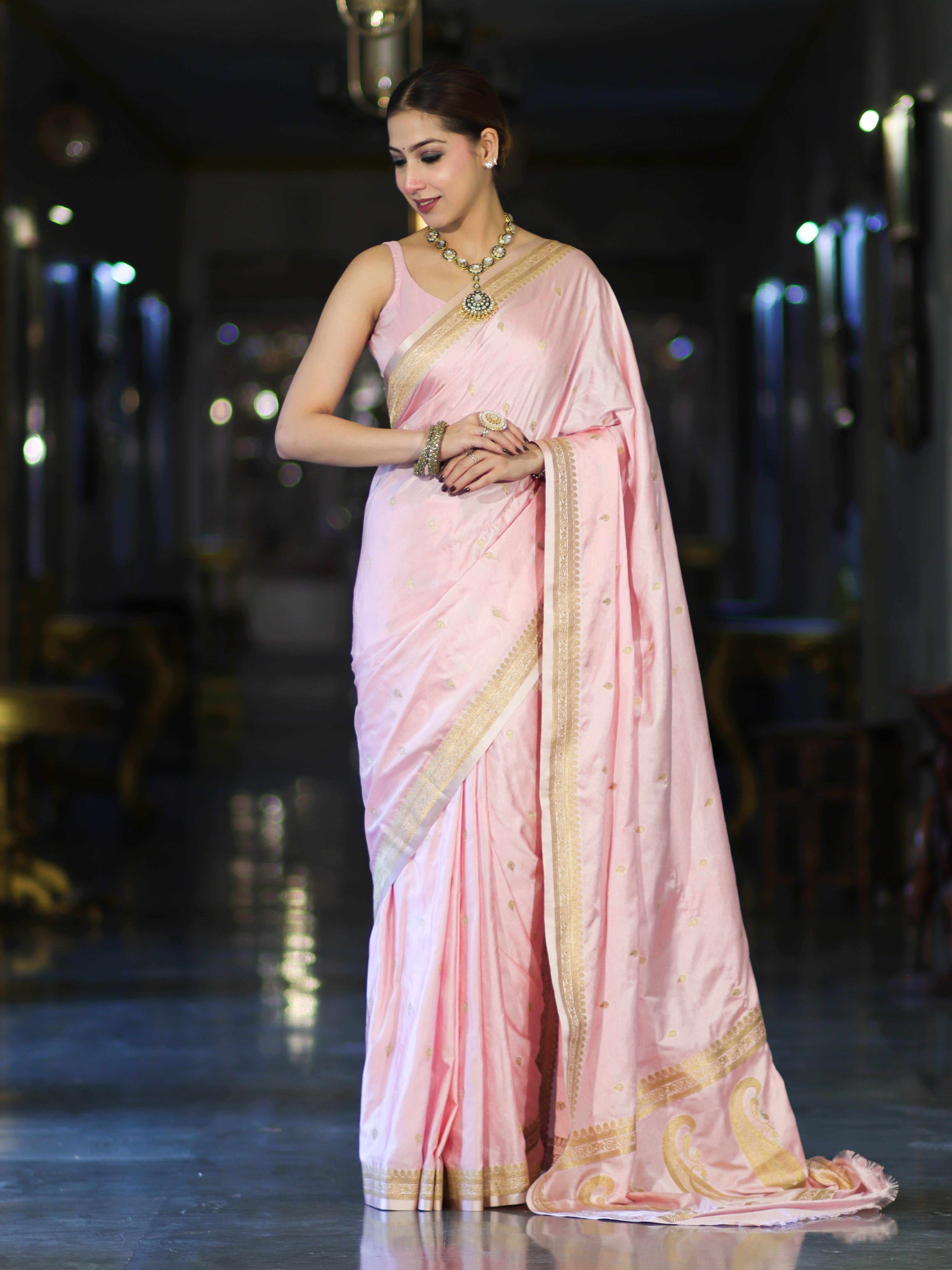 Banarasee Mashru Silk Saree With Zari Motifs & Floral Border-Light Pink