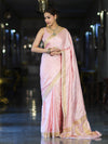 Banarasee Mashru Silk Saree With Zari Motifs & Floral Border-Light Pink