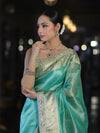 Banarasee Handloom Dual Shade Tissue Saree With Zari Border & Lace-Pastel Green