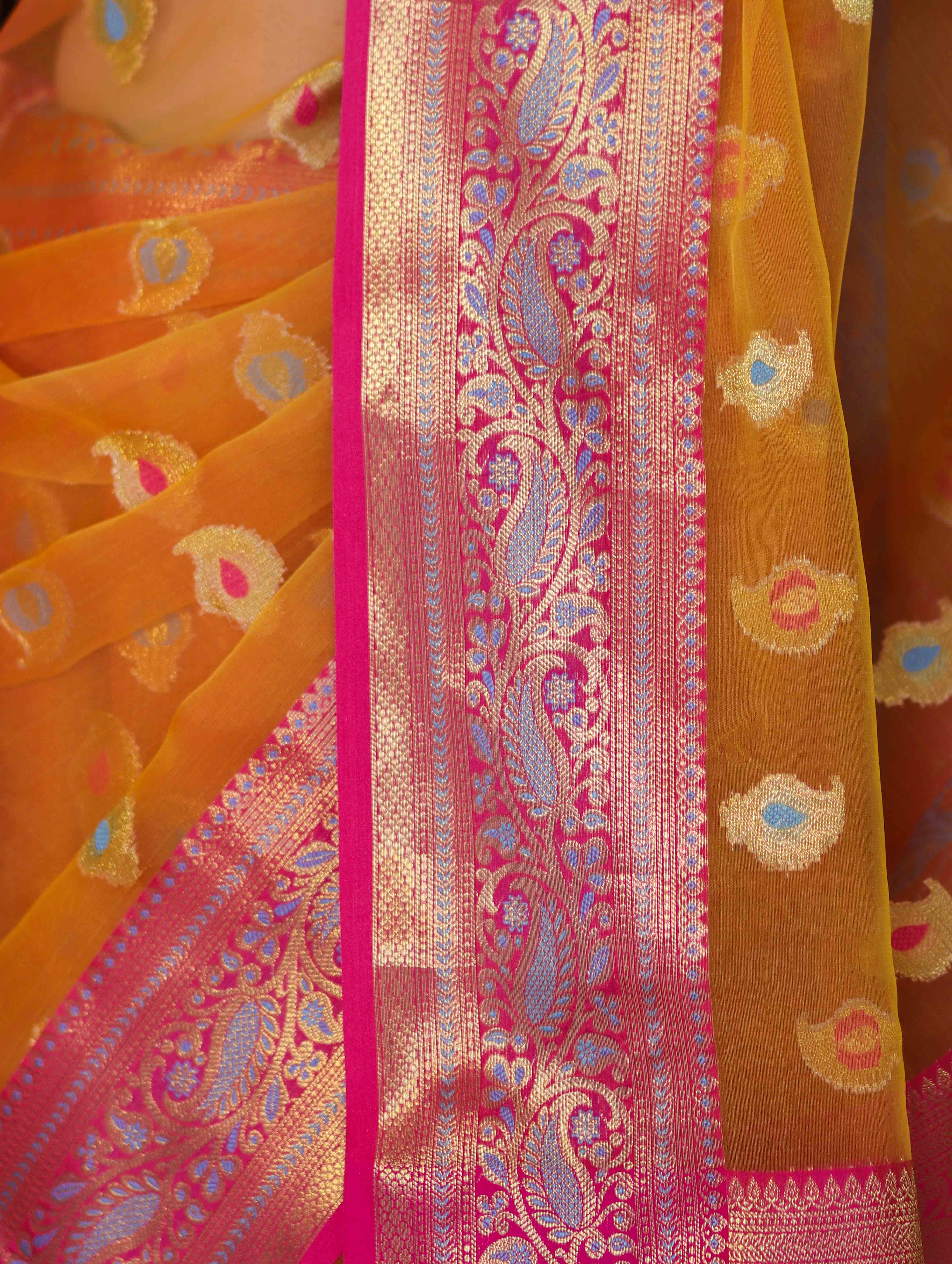 Banarasee Handwoven Organza Mix Saree With Resham Zari Work & Contrast Border-Orange