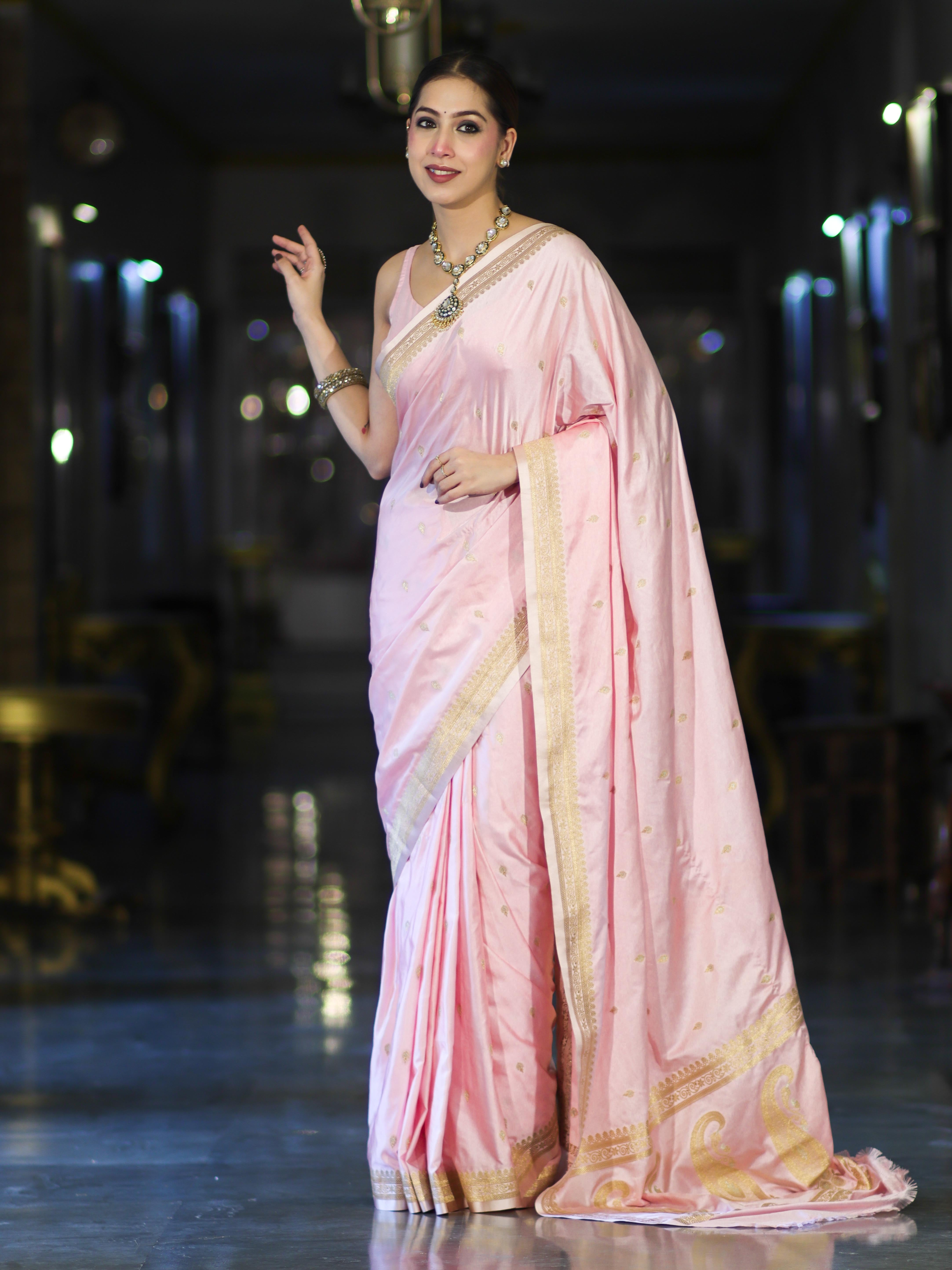 Banarasee Mashru Silk Saree With Zari Motifs & Floral Border-Light Pink