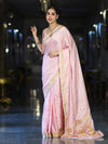 Banarasee Mashru Silk Saree With Zari Motifs & Floral Border-Light Pink