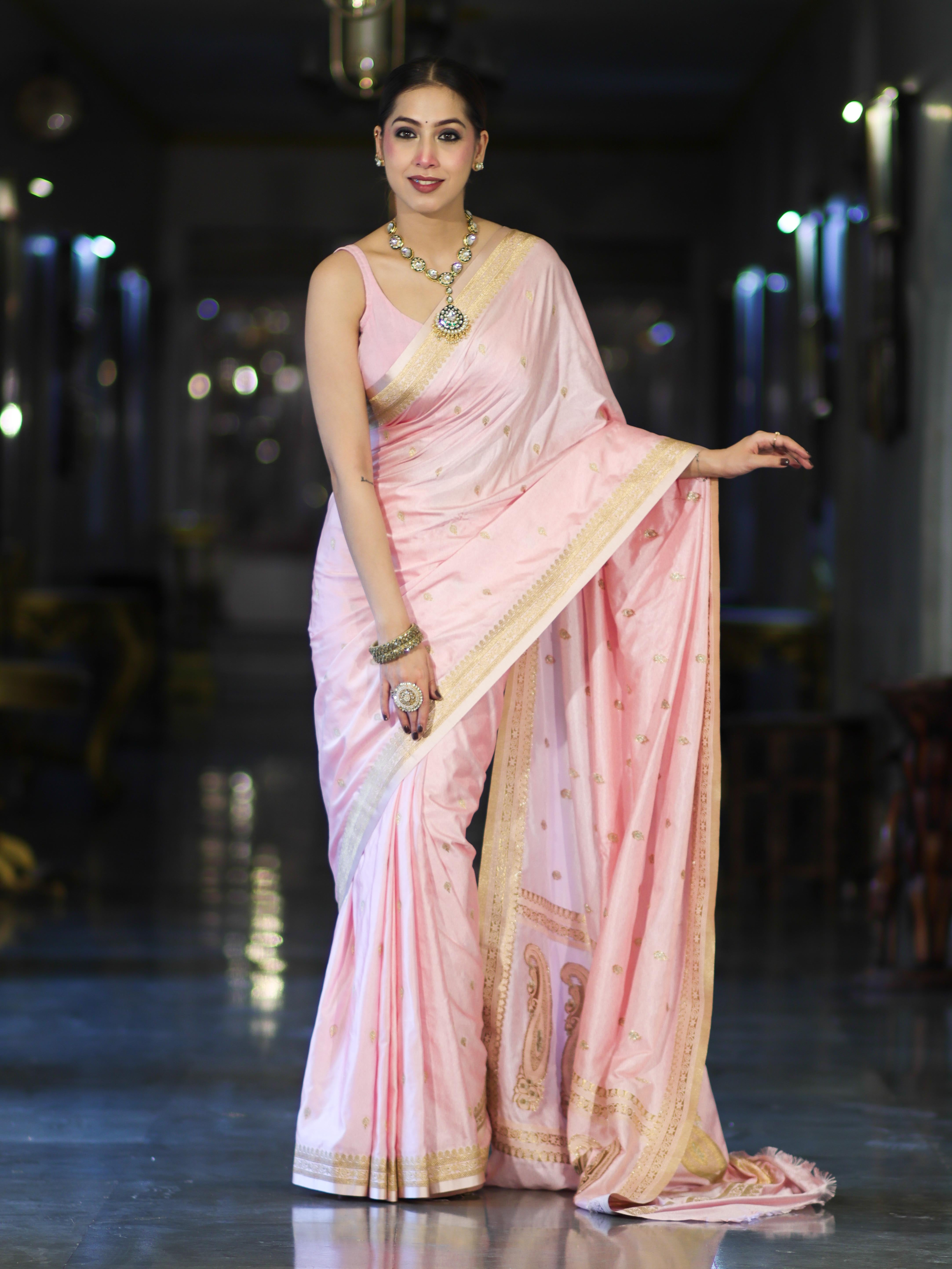 Banarasee Mashru Silk Saree With Zari Motifs & Floral Border-Light Pink