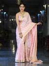 Banarasee Mashru Silk Saree With Zari Motifs & Floral Border-Light Pink