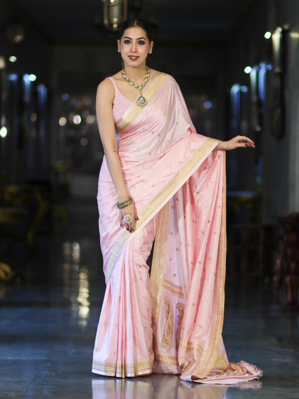 Banarasee Mashru Silk Saree With Zari Motifs & Floral Border-Light Pink