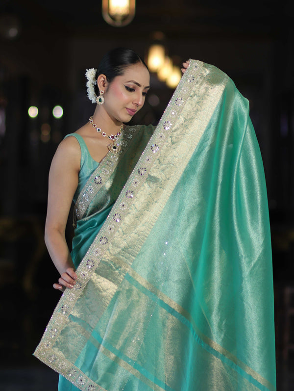 Banarasee Handloom Dual Shade Tissue Saree With Zari Border & Lace-Pastel Green
