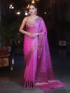 Banarasee Handwoven Semi Silk Plain Saree With Antique Zari Border-Pink