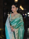 Banarasee Handloom Dual Shade Tissue Saree With Zari Border & Lace-Pastel Green