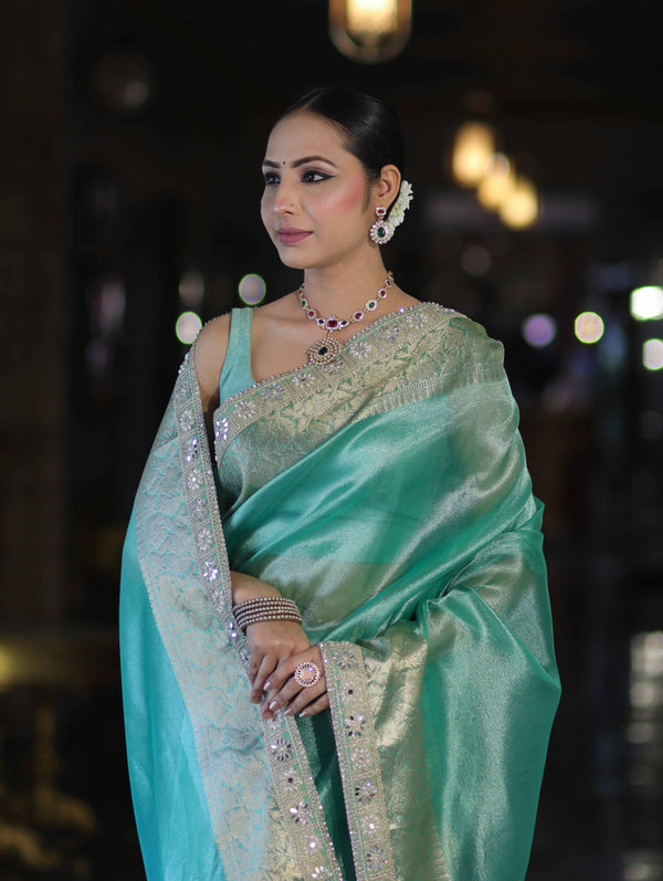 Banarasee Handloom Dual Shade Tissue Saree With Zari Border & Lace-Pastel Green