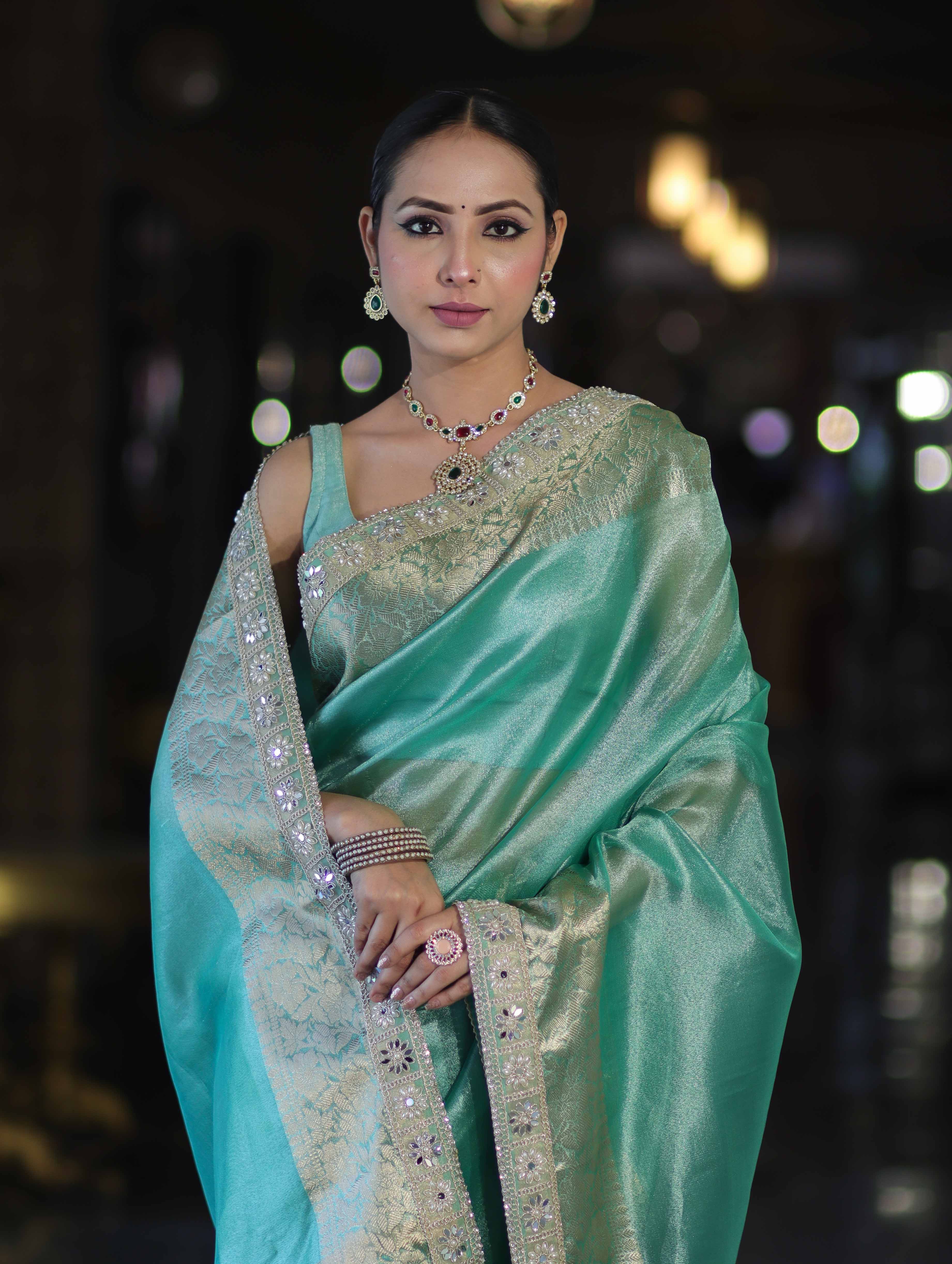 Banarasee Handloom Dual Shade Tissue Saree With Zari Border & Lace-Pastel Green