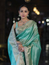 Banarasee Handloom Dual Shade Tissue Saree With Zari Border & Lace-Pastel Green
